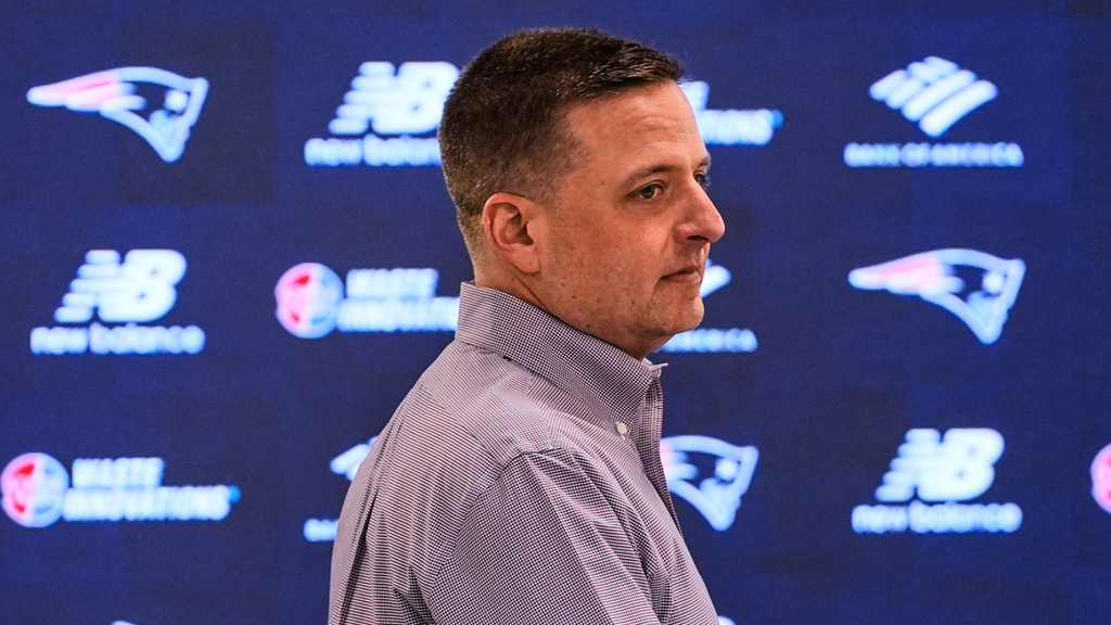 Eliot Wolf, the New England Patriots Executive Vice President of Player Personnel, walks to the podium during an NFL football media availability, Monday, April 13, 2026, in Foxborough, Mass. (AP Photo/Charles Krupa)