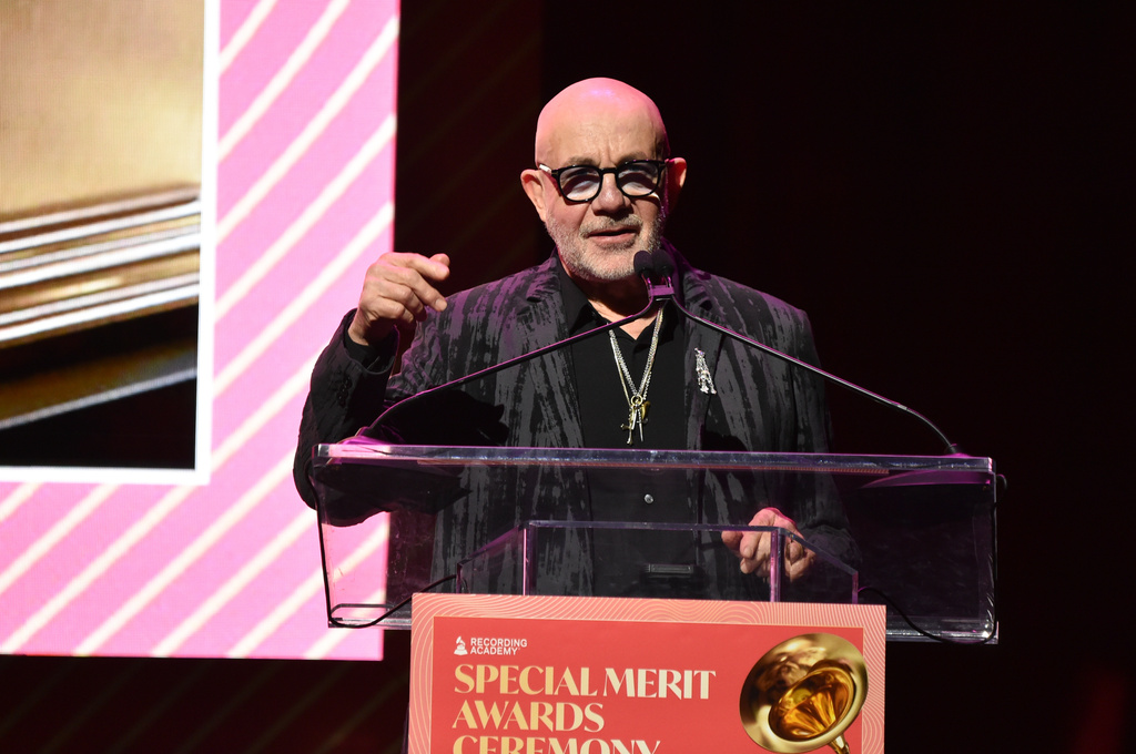 Bernie Taupin accepts the trustees award during the Recording Academy's Special Merit Awards on Saturday, Jan. 31, 2026, at the Wilshire Ebell Theatre in Los Angeles. (Photo by Richard Shotwell/Invision/AP)