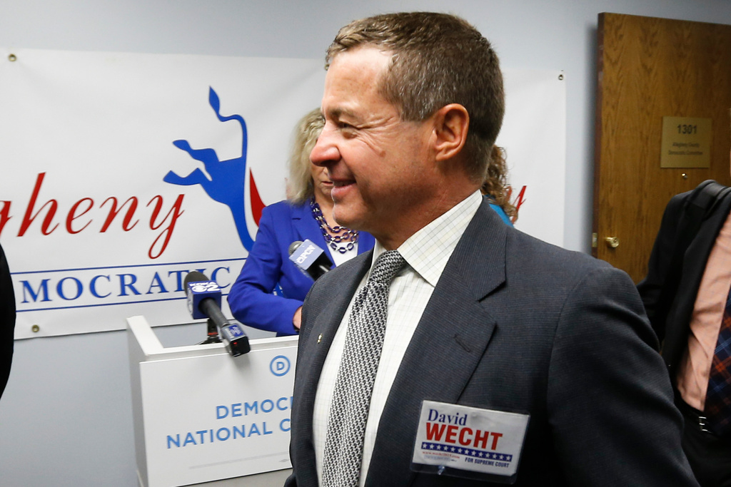 FILE - David Wecht, a Democrat running for the Pennsylvania Supreme Court, arrives for a news conference, Oct. 15, 2015, in Pittsburgh. (AP Photo/Keith Srakocic, File)