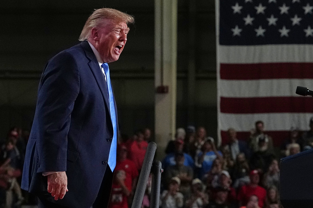 President Donald Trump yells after speaking at a campaign rally at Crossroads Arena, in Corinth, Miss., Monday, Oct. 26, 2026. (AP Photo/Jacquelyn Martin)