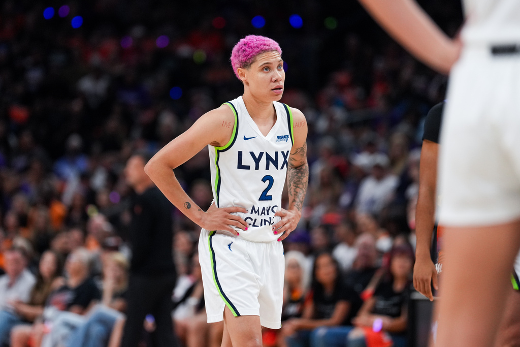 Minnesota Lynx guard Natisha Hiedeman (2) looks on during the first half of Game 4 of a WNBA basketball playoff semifinals series against the Phoenix Mercury, Sunday, Sept. 28, 2025, in Phoenix. (AP Photo/Samantha Chow)