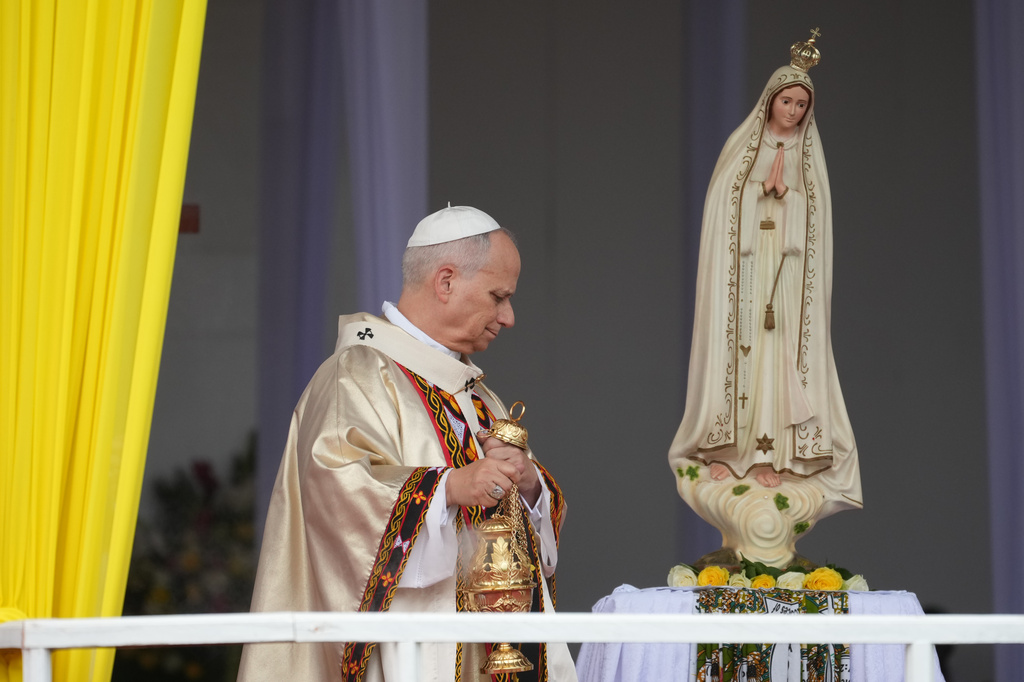 Pope Leo XIV celebrates a Mass at Bamenda Airport, Cameroon, Thursday, April 16, 2026, on the fourth day of his 11-day pastoral visit to Africa. (AP Photo/Andrew Medichini)