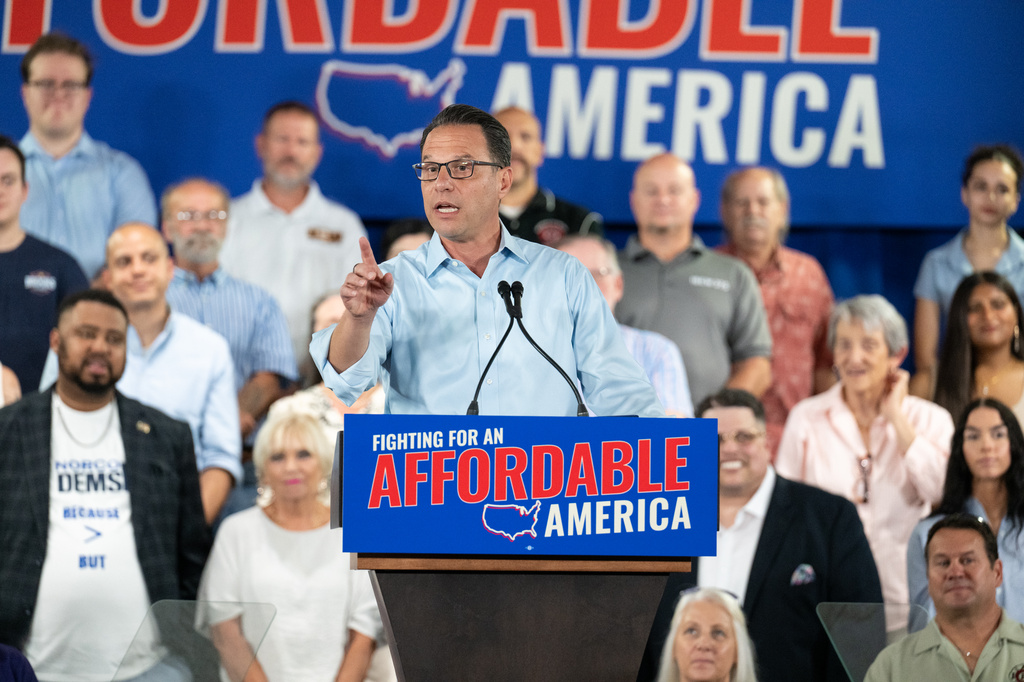 Pennsylvania Gov. Josh Shapiro speaks during Democratic congressional candidate Bob Brooks' campaign event ahead of the midterm elections at a Steelworkers Union Hall in Bethlehem, Pa., Sunday, July 26, 2026. (AP Photo/Erin Blewett)