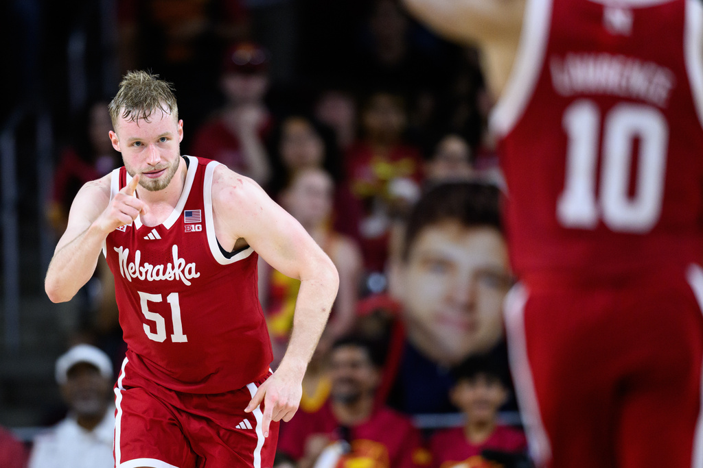 Nebraska forward Rienk Mast (51) gestures after scoring during the second half of an NCAA college basketball game against Southern California, Saturday, Feb. 28, 2026, in Los Angeles. (AP Photo/William Liang)