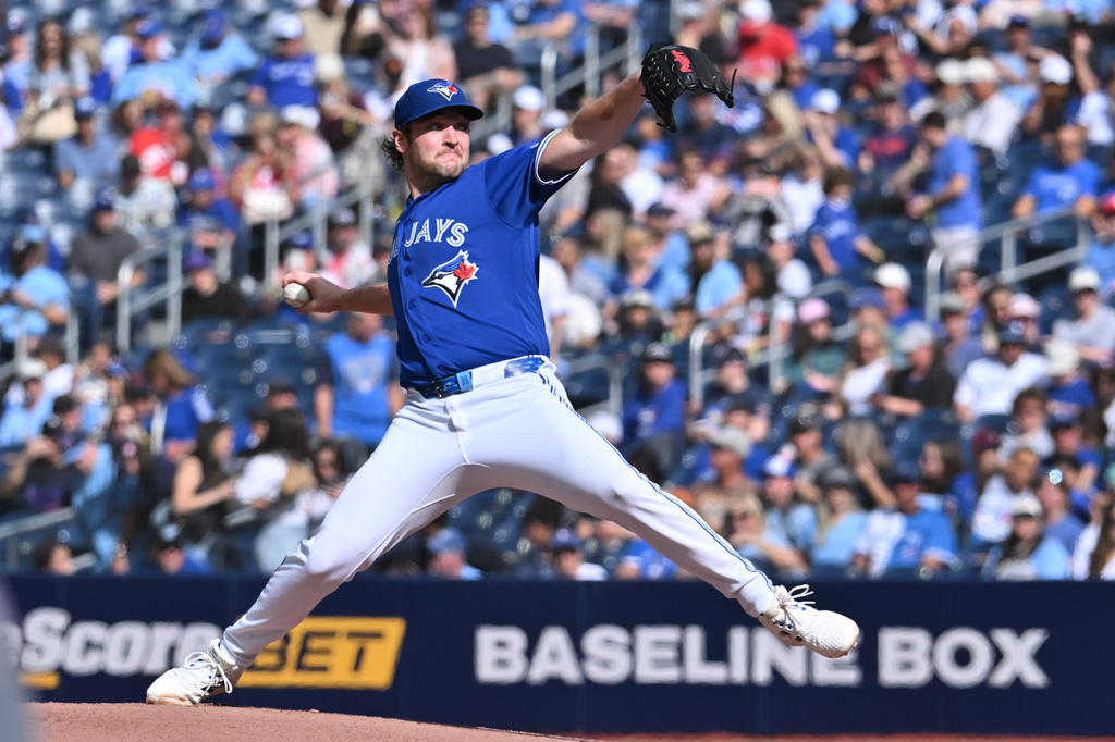 Toronto Blue Jays starting pitcher Trey Yesavage (39) throws to a Cincinnati Reds batter during first inning MLB baseball action in Toronto on Saturday, Sept. 26, 2026. THE CANADIAN PRESS/Jon Blacker/The Canadian Press via AP)