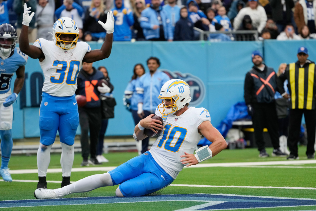 Los Angeles Chargers quarterback Justin Herbert (10) slides into the end zone to score a touchdown during the second half of an NFL football game against the Tennessee Titans, Sunday, Nov. 2, 2025, in Nashville, Tenn. (AP Photo/George Walker IV)
