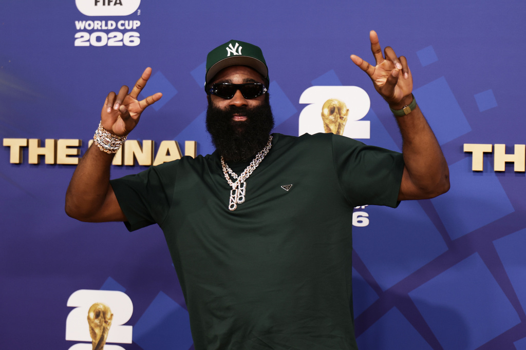 James Harden arrives before the World Cup final soccer match between Spain and Argentina in East Rutherford, N.J., near New York, Sunday, July 19, 2026. (AP Photo/Adam Hunger)