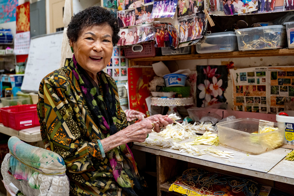 Cindy Lau, owner of Cindy's Lei Shoppe, poses for a portrait as she threads flowers onto string in Chinatown, Thursday, Feb. 26, 2026, in Honolulu. (AP Photo/Mengshin Lin)