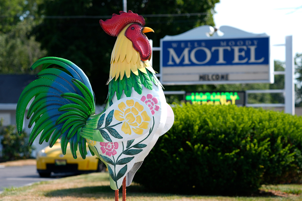 A tin rooster stands outside the Wells Moody Motel in Wells, Maine, Wednesday, July 22, 2026. (AP Photo/Robert F. Bukaty)