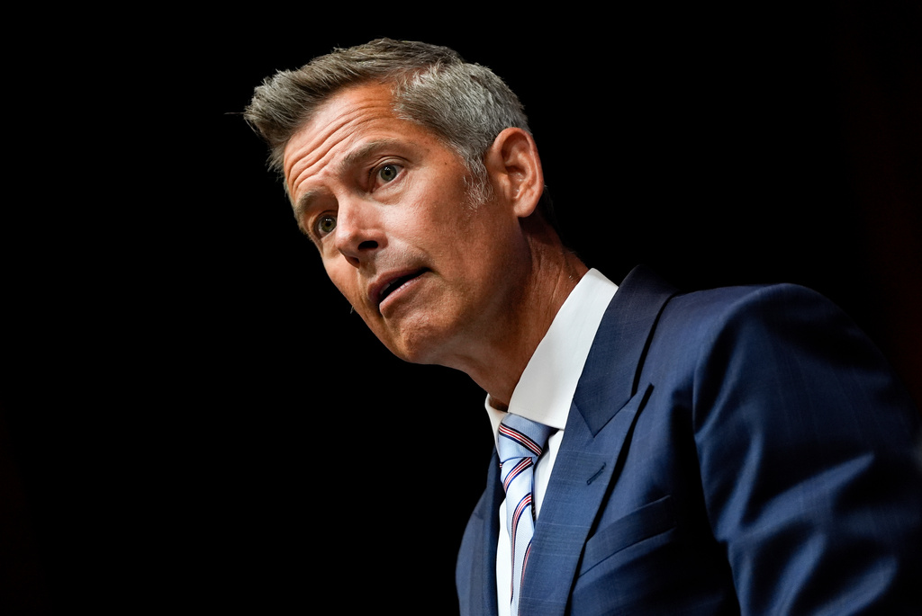 FILE - Transportation Secretary Sean Duffy speaks during a news conference Aug. 5, 2025, at the Department of Transportation in Washington. (AP Photo/Julia Demaree Nikhinson, File)
