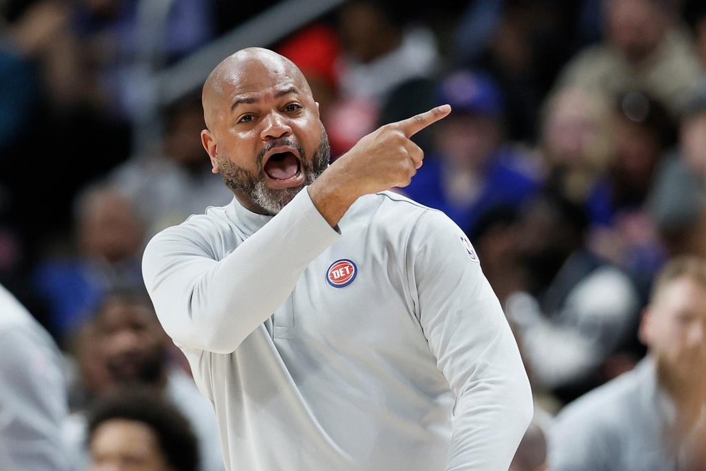 Detroit Pistons head coach J.B. Bickerstaff shouts direction to his team during the second half of an NBA basketball game against the Cleveland Cavaliers, Friday, Feb. 27, 2026, in Detroit. (AP Photo/Duane Burleson)