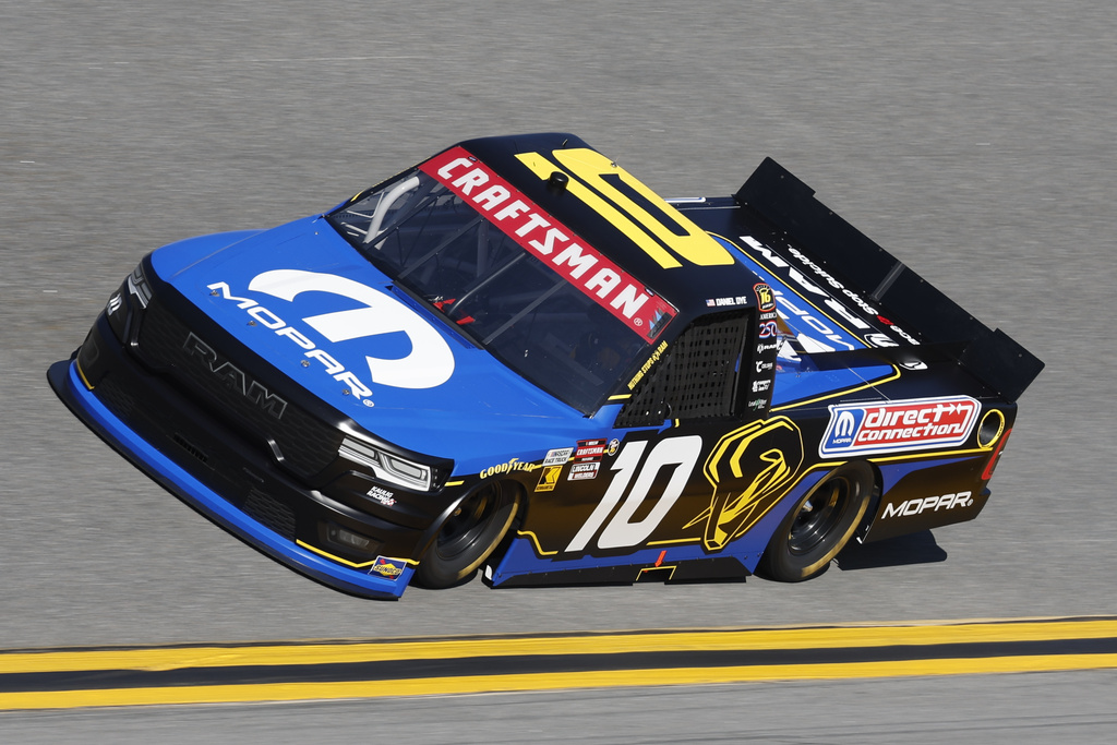 FILE - Daniel Dye (10) drives during qualifying for a NASCAR truck series auto race at Daytona International Speedway, Friday, Feb. 13, 2026, in Daytona Beach, Fla. (AP Photo/David Graham, File)