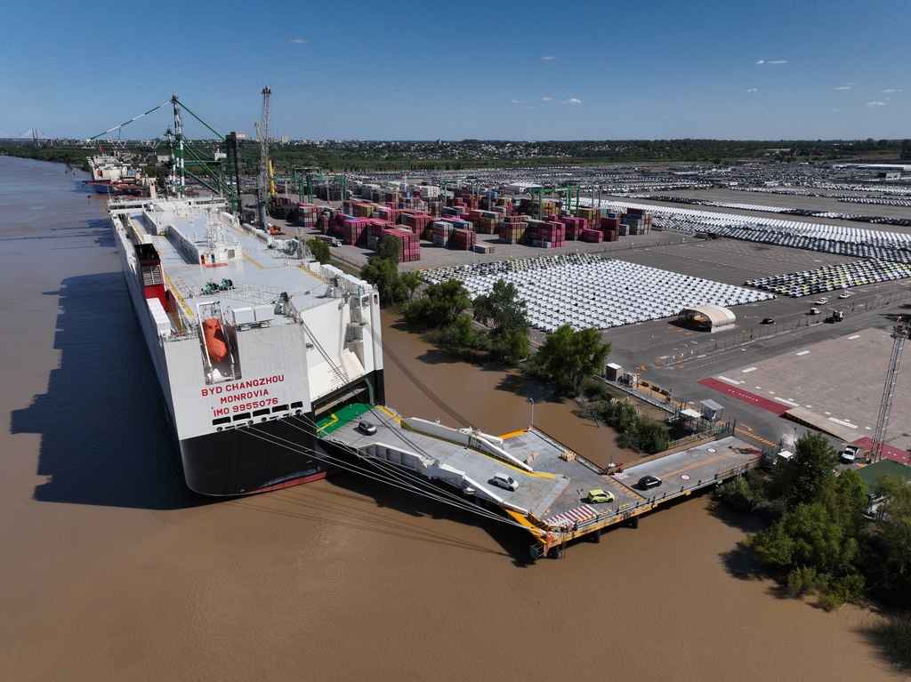 Hybrid and electric vehicles shipped from China are unloaded from the BYD Changzhou car carrier docked at Terminal Zarate, in Argentina's Buenos Aires province, Tuesday, Jan. 20, 2026. (AP Photo/Victor R. Caivano)