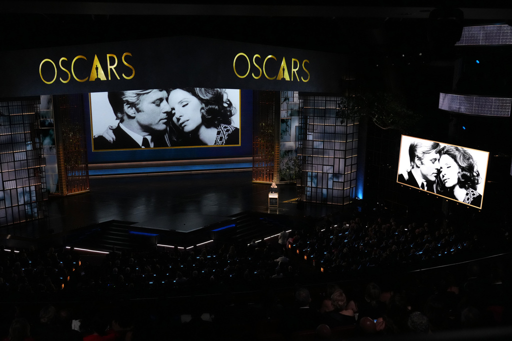 Barbra Steisand speaks about Robert Redford during the In Memoriam segment during the Oscars on Sunday, March 15, 2026, at the Dolby Theatre in Los Angeles. (AP Photo/Chris Pizzello)