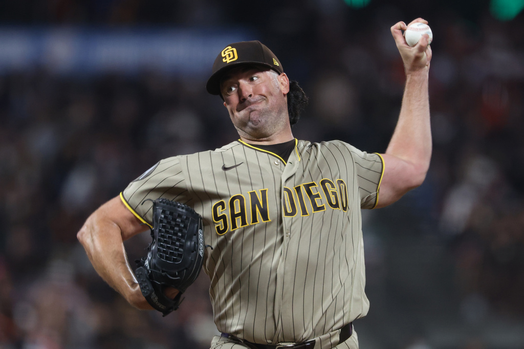 San Diego Padres pitcher Robbie Ray throws against the San Francisco Giants during the fourth inning of a baseball game in San Francisco, Friday, Sept. 11, 2026. (AP Photo/Jed Jacobsohn)