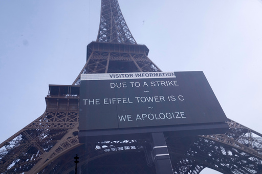 A board at the closed Eiffel Tower during a new round of strikes and protests to denounce spending cuts and demand higher taxes on the rich Thursday, Oct. 2, 2025 in Paris. (AP Photo/Michel Euler) A board at the closed Eiffel Tower during a new round of strikes and protests to denounce spending cuts and demand higher taxes on the rich Thursday, Oct. 2, 2025 in Paris. (AP Photo/Michel Euler)