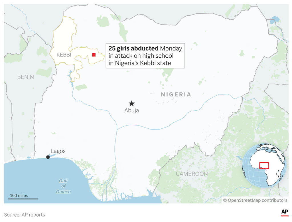 Police in Nigeria say gunmen have abducted 25 girls from a high school in the country's northwestern Kebbi state. (AP Graphic)