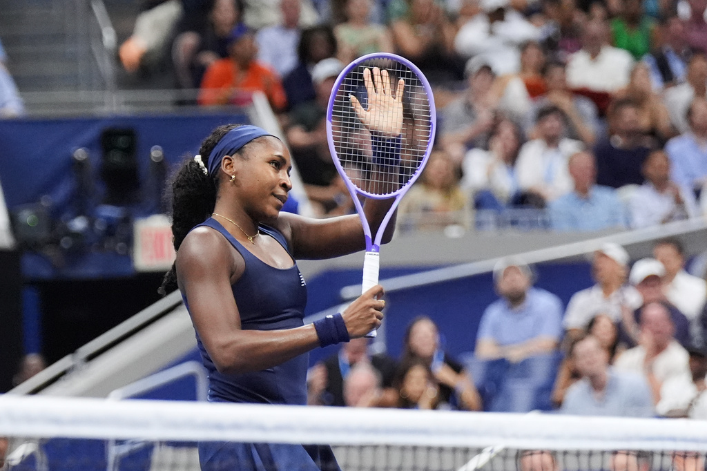 Coco Gauff, of the United States, reacts to the crowd during her match against Zeynep Sonmez, of Turkey, during the first round of the U.S. Open tennis championships Tuesday, Sept. 1, 2026, in New York. (AP Photo/Frank Franklin II)