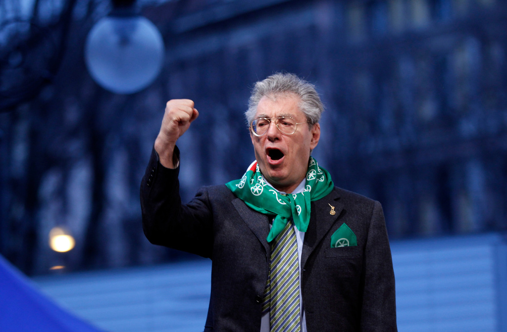 FILE - Northern League party leader Umberto Bossi gestures during a rally in Milan, Italy, March 25, 2010. Bossi died at the age of 84 on Thursday, March 19, 2026. (AP Photo/Luca Bruno, File)