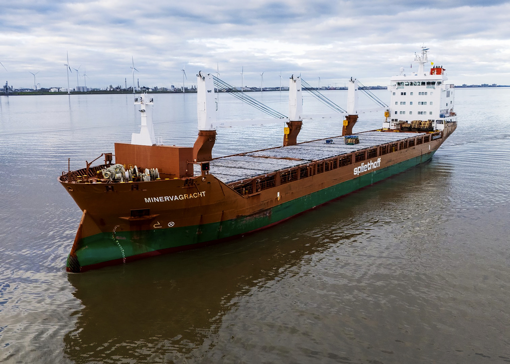 In this Jan. 12, 2025, photo from Mark Prummel, the Netherlands-flagged cargo ship Minervagracht is seen off Delfzijl, the Netherlands. (Mark Prummel via AP)