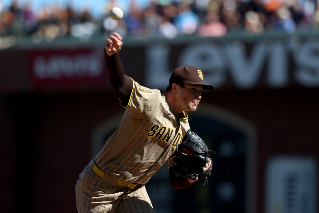 San Diego Padres pitcher Mason Miller throws against the San Francisco Giants during the ninth inning of a baseball game in San Francisco, Saturday, Sept. 12, 2026. (AP Photo/Jed Jacobsohn)