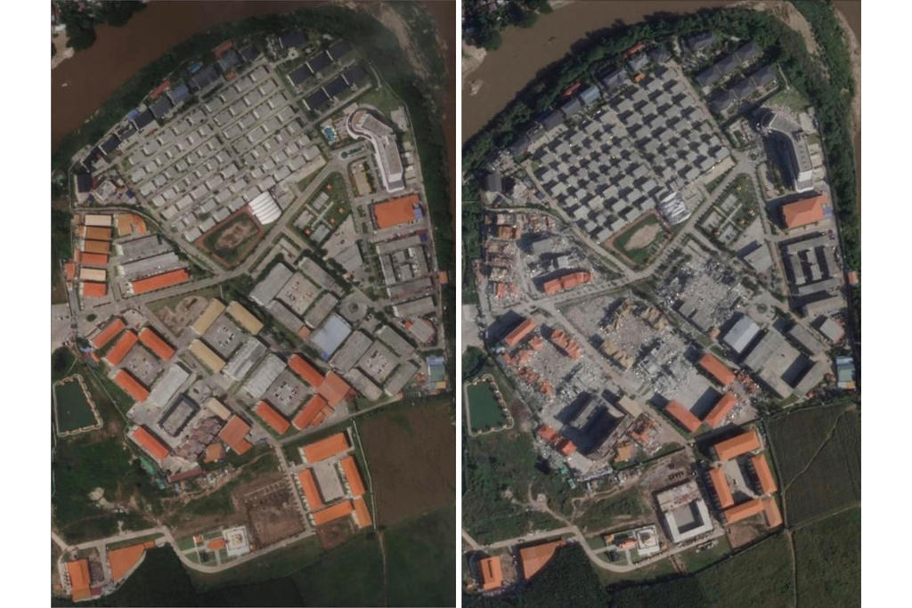 This combination of satellite image shows KK Park along Myanmar's border with Thailand on Sept. 11, 2025, left, and Nov. 14, 2025, showing the damage to one section of the notorious scam compound. (Planet Labs via AP)