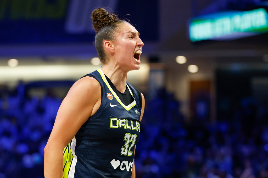 Dallas Wings forward Jessica Shepard reacts during the second half of a WNBA basketball game against the Los Angeles Sparks, Sunday, July 19, 2026, in Arlington, Texas. (Elías Valverde II/The Dallas Morning News via AP)