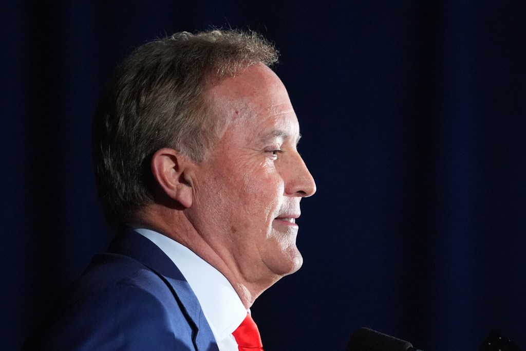 Texas Attorney General Ken Paxton, a Republican candidate for the U.S. Senate, speaks during a primary election night watch party Tuesday, March 3, 2026, in Dallas. (AP Photo/Julio Cortez)
