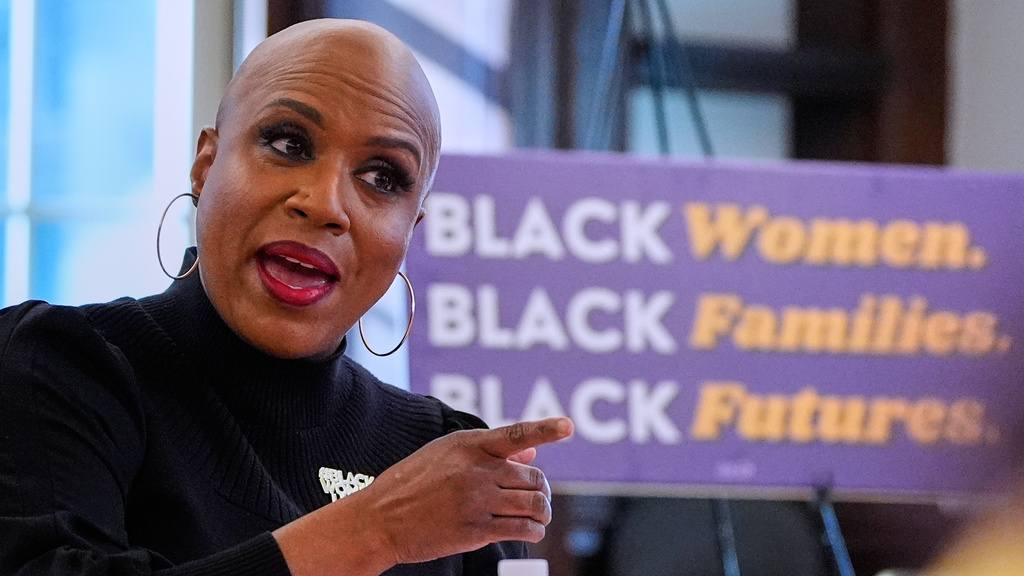 U.S. Rep. Ayanna Pressley, D-Mass. gestures while addressing a gathering at a roundtable meeting, Monday, Nov. 24, 2025, in Boston. (AP Photo/Charles Krupa)