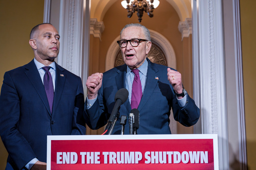 House Minority Leader Hakeem Jeffries, D-N.Y., left, and Senate Minority Leader Chuck Schumer, D-N.Y., speak to reporters outside the Senate chamber as they charge President Donald Trump and the Republicans with the government shutdown, at the Capitol in Washington, Thursday, Oct. 16, 2025. (AP Photo/J. Scott Applewhite) House Minority Leader Hakeem Jeffries, D-N.Y., left, and Senate Minority Leader Chuck Schumer, D-N.Y., speak to reporters outside the Senate chamber as they charge President Donald Trump and the Republicans with the government shutdown, at the Capitol in Washington, Thursday, Oct. 16, 2025. (AP Photo/J. Scott Applewhite)