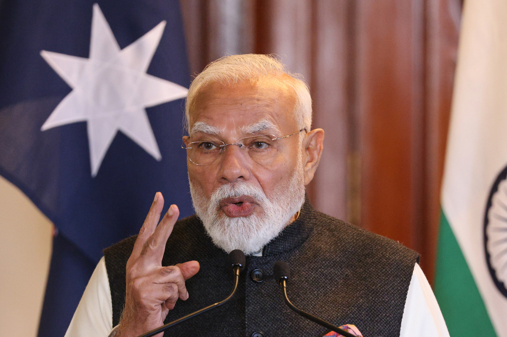 Indian Prime Minister Narendra Modi gestures as he speaks during a joint press conference with Australian Prime Minister Anthony Albanese in Melbourne, Australia, Thursday, July 9, 2026. (AP Photo/Hamish Blair)