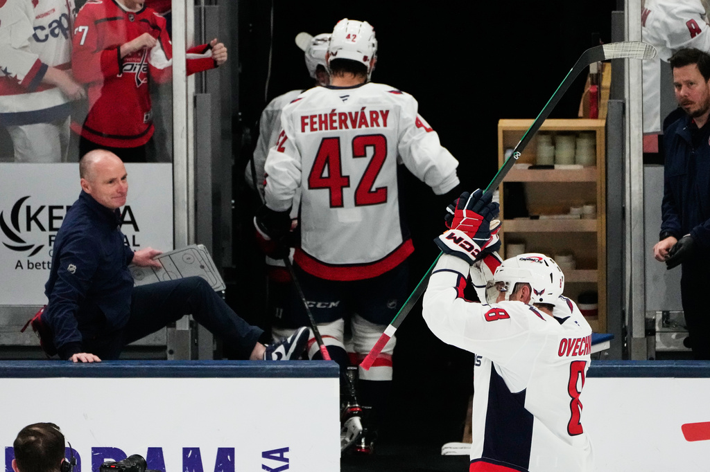 Washington Capitals left wing Alex Ovechkin (8) acknowledges fans as he leaves the ice after the Capitals defeated the Columbus Blue Jackets in an NHL hockey game Tuesday, April 14, 2026, in Columbus, Ohio. (AP Photo/Sue Ogrocki)