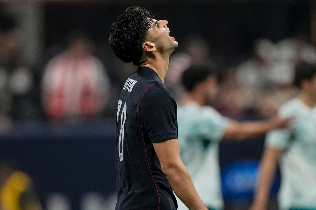 USA's Max Arfsten (18) reacts to losing against Portugal during the second half of an international friendly soccer match, Tuesday, March 31, 2026, in Atlanta. (AP Photo/Mike Stewart)