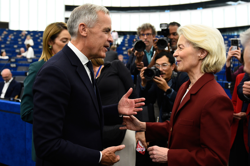 Canada's Prime Minister Mark Carney, front left, speaks with European Commission President Ursula von der Leyen at the European Parliament in Strasbourg, eastern France, Thursday, Sept 17, 2026. (AP Photo/Pascal Bastien)