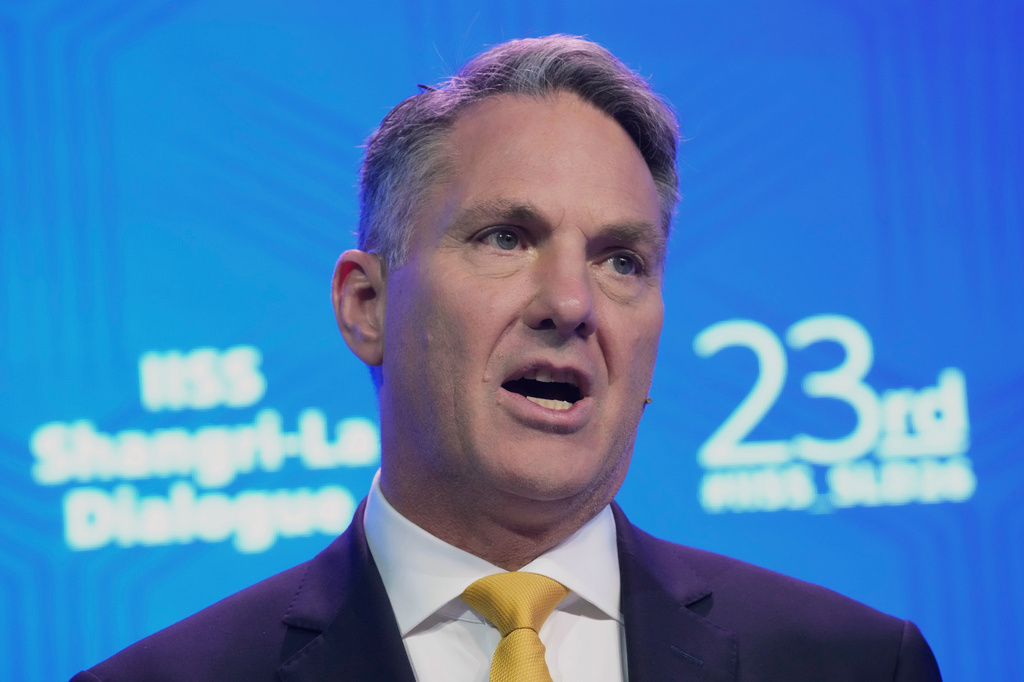 Australian Defence Minister Richard Marles delivers his address during the Shangri-La Dialogue, Asia's annual defense and security forum, in Singapore, Saturday, May 30, 2026. (AP Photo/Achmad Ibrahim)