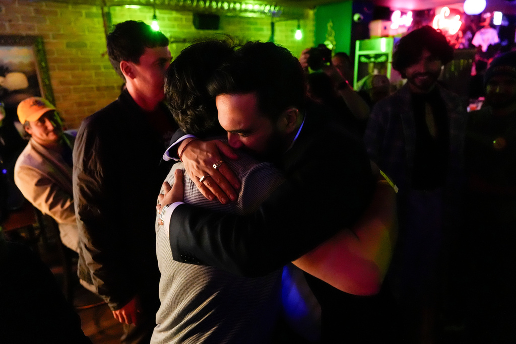 Mayor-elect Zohran Mamdani greets his staff and supporters at an after-party after his election watch party, Wednesday, Nov. 5, 2025, in New York. (AP Photo/Yuki Iwamura)
