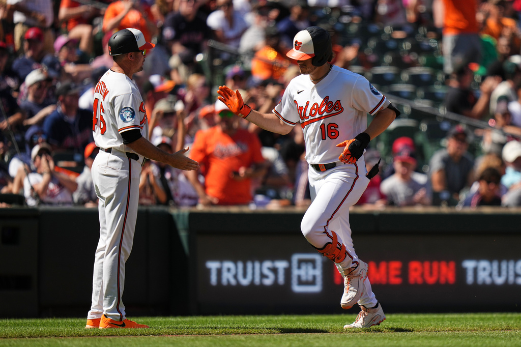 Baltimore Orioles' Coby Mayo (16) rounds the bases after hitting a home run during the third inning of a baseball game against the Cleveland Guardians, Monday, Sept. 7, 2026, in Baltimore. (AP Photo/Stephanie Scarbrough)