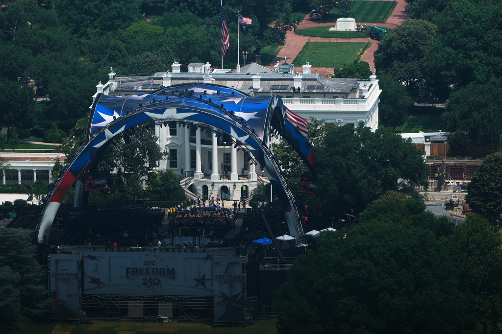 The arena for the UFC Freedom 250 fights is pictured on the South Lawn of the White House in Washington, Thursday, June 11, 2026. (AP Photo/Julia Demaree Nikhinson)