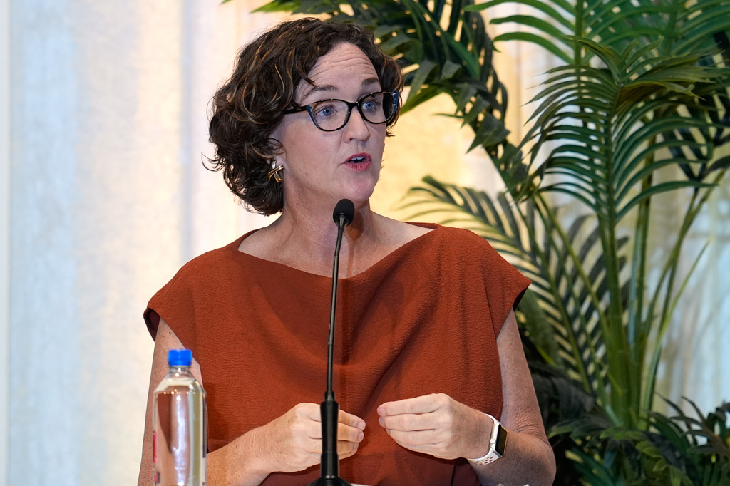 Katie Porter speaks during a gubernatorial candidate forum on Latino and immigrant communities in Sacramento, Calif., Tuesday, April 14, 2026. (AP Photo/Godofredo A. Vásquez)