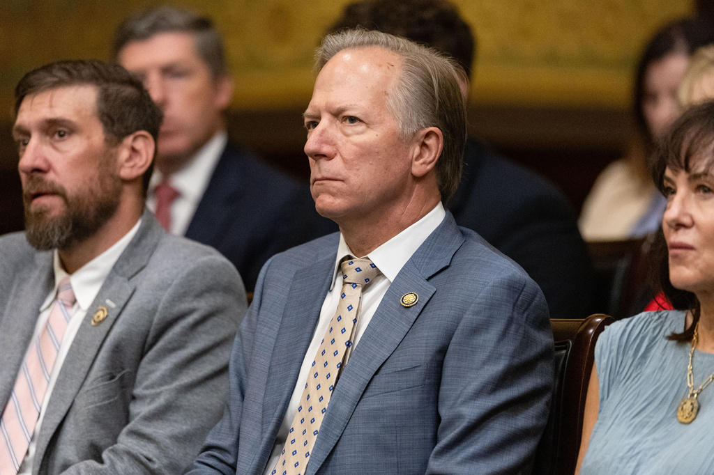 Missouri state Sen. Bob Onder, R-Lake Saint Louis, listens to attorney arguments in the contempt hearing of Missouri Secretary of State Denny Hoskins at the Missouri Supreme Court in Jefferson City, Mo., Thursday, Sept. 10, 2026. (Liz Rymarev/St. Louis Post-Dispatch via AP, Pool)