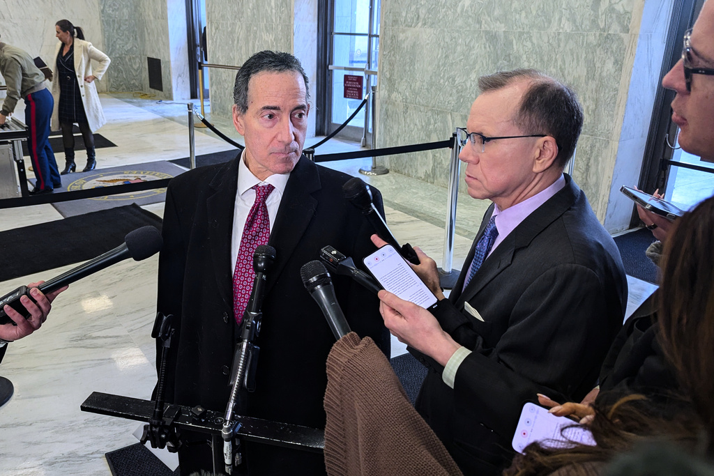 Rep. Jaime Raskin, D Md., speaks to reporters on Capitol Hill after reviewing unredacted Jeffrey Epstein files at the Department of Justice, Monday Feb. 9, 2026, in Washington. (AP Photo Nathan Ellgren)