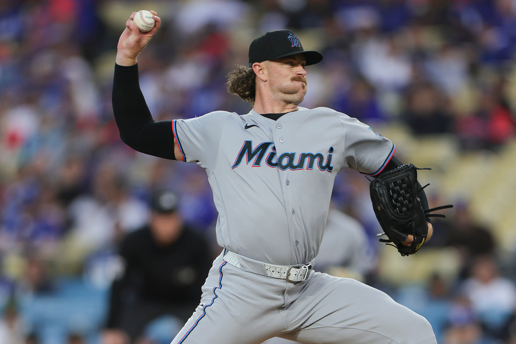 Miami Marlins starting pitcher Chris Paddack delivers during the first inning of a baseball game against the Los Angeles Dodgers, Monday, April 27, 2026, in Los Angeles. (AP Photo/Ryan Sun)