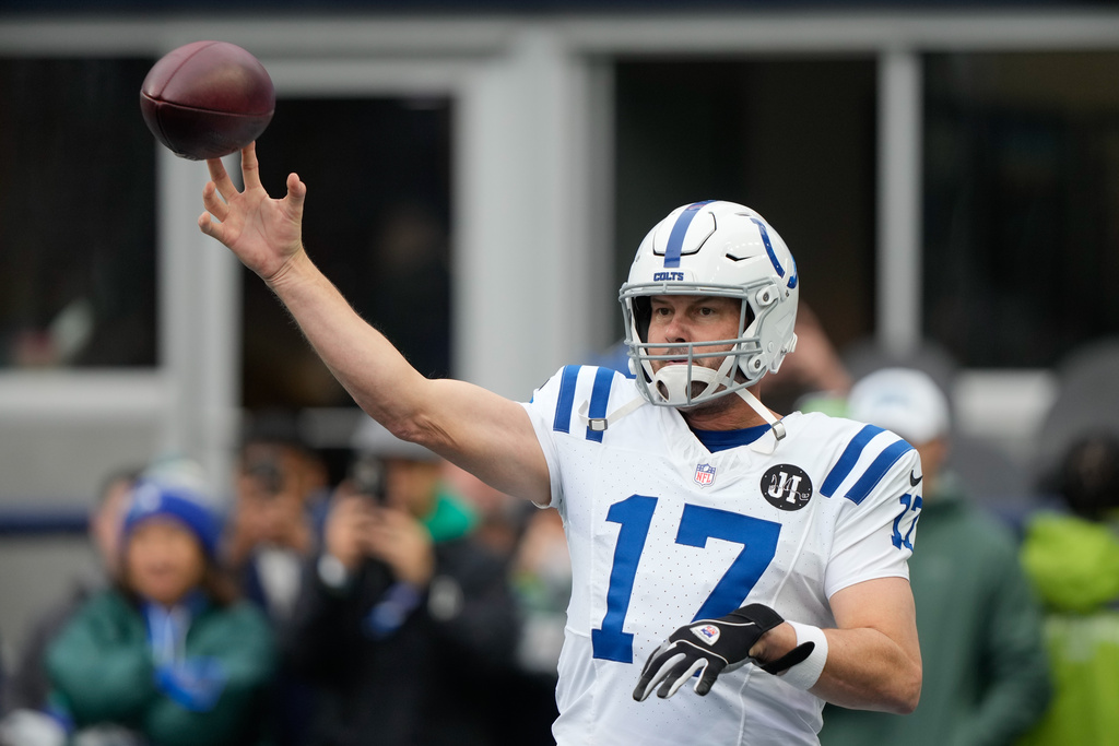 Indianapolis Colts quarterback Philip Rivers warms up before an NFL football game against the Seattle Seahawks, Sunday, Dec. 14, 2025, in Seattle. (AP Photo/Stephen Brashear)