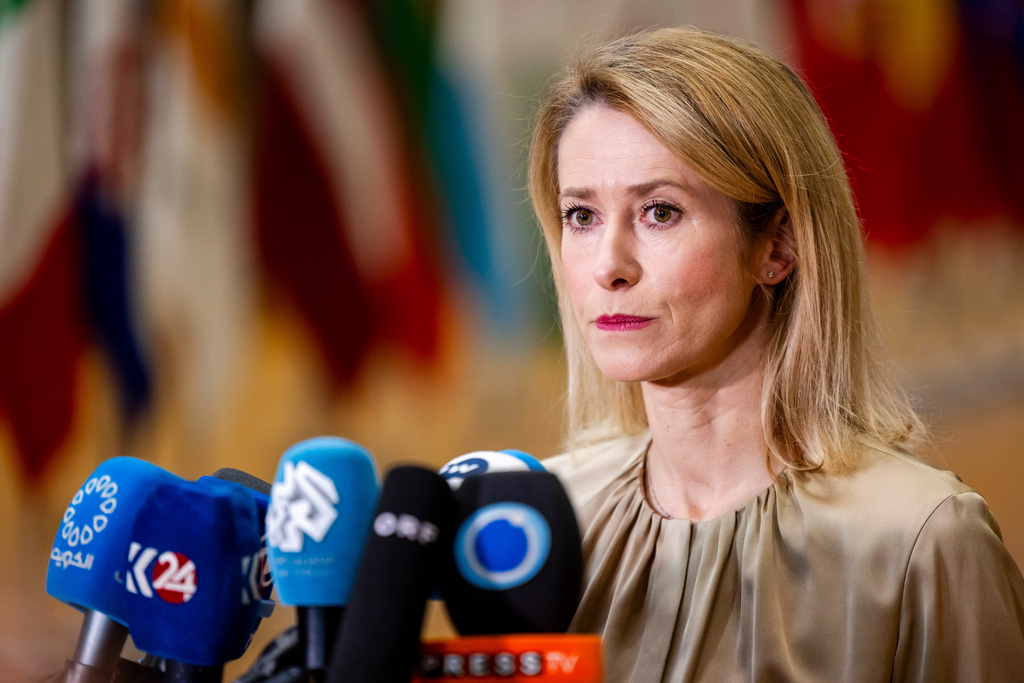 European Union foreign policy chief Kaja Kallas speaks to media as she arrives for a EU general affairs meeting at the European Council building in Brussels, Thursday, Nov.20, 2025. (AP Photo/Geert Vanden Wijngaert)