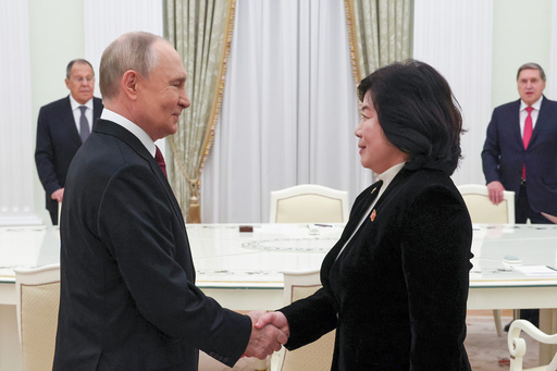 Russian President Vladimir Putin shakes hands with North Korean Foreign Minister Choe Son Hui during their meeting at the Kremlin in Moscow, Russia, Monday, Oct. 27, 2025. (Vyacheslav Prokofyev, Sputnik, Kremlin Pool Photo via AP) Russian President Vladimir Putin shakes hands with North Korean Foreign Minister Choe Son Hui during their meeting at the Kremlin in Moscow, Russia, Monday, Oct. 27, 2025. (Vyacheslav Prokofyev, Sputnik, Kremlin Pool Photo via AP)