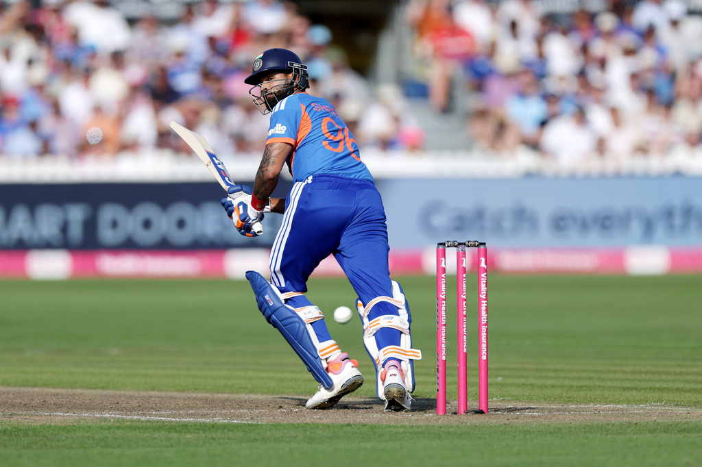 India's Shreyas Iyer bats during the fourth Vitality IT20 match against England at the Seat Unique Stadium in Bristol, England, on Thursday July 9, 2026. (Steven Paston/PA via AP)