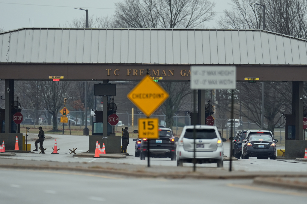An entrance to Fort Campbell Army installation is seen Monday, March 2, 2026, in Oak Grove, Ky. (AP Photo/George Walker IV)