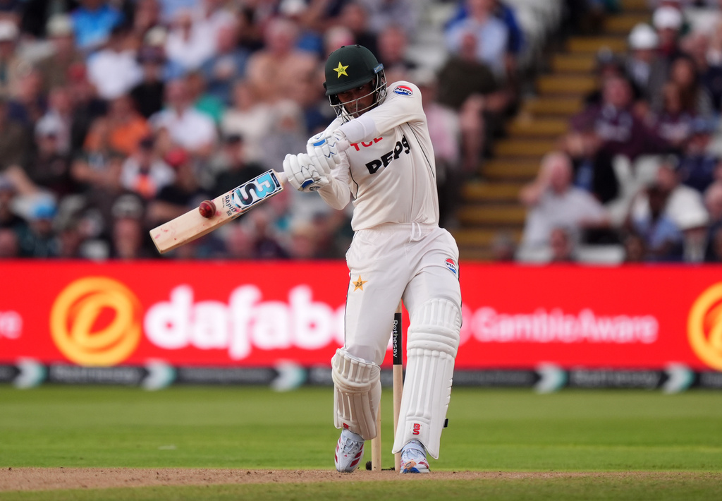 Pakistan's Razaullah hits for six on day three of the third cricket Test between England and Pakistan in Birmingham, England, Friday, Sept. 11, 2026. (Mike Egerton/PA via AP)