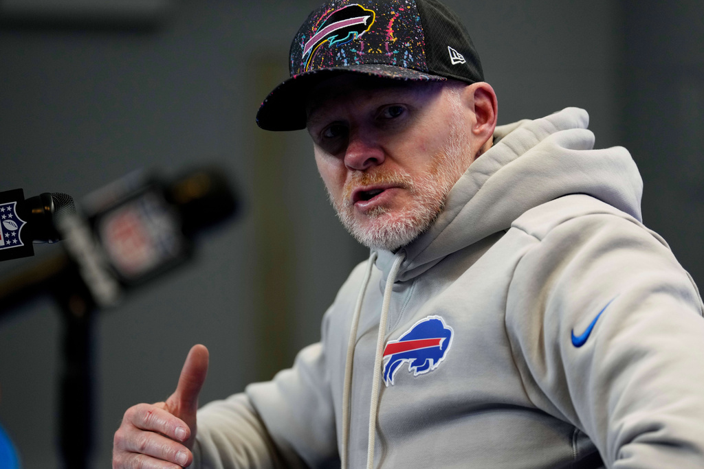 Buffalo Bills head coach Sean McDermott speaks during a news conference after an NFL football game against the Tampa Bay Buccaneers, Sunday, Nov. 16, 2025, in Orchard Park, N.Y. (AP Photo/Carolyn Kaster)