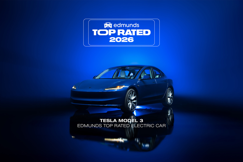 HOLD FOR 9am EST EMBARGO WEDNESDAY, FEB. 18 - This photo provided by Edmunds shows the Tesla Model 3, the Edmunds Top Rated Electric Car for 2026. (Courtesy of Edmunds via AP)